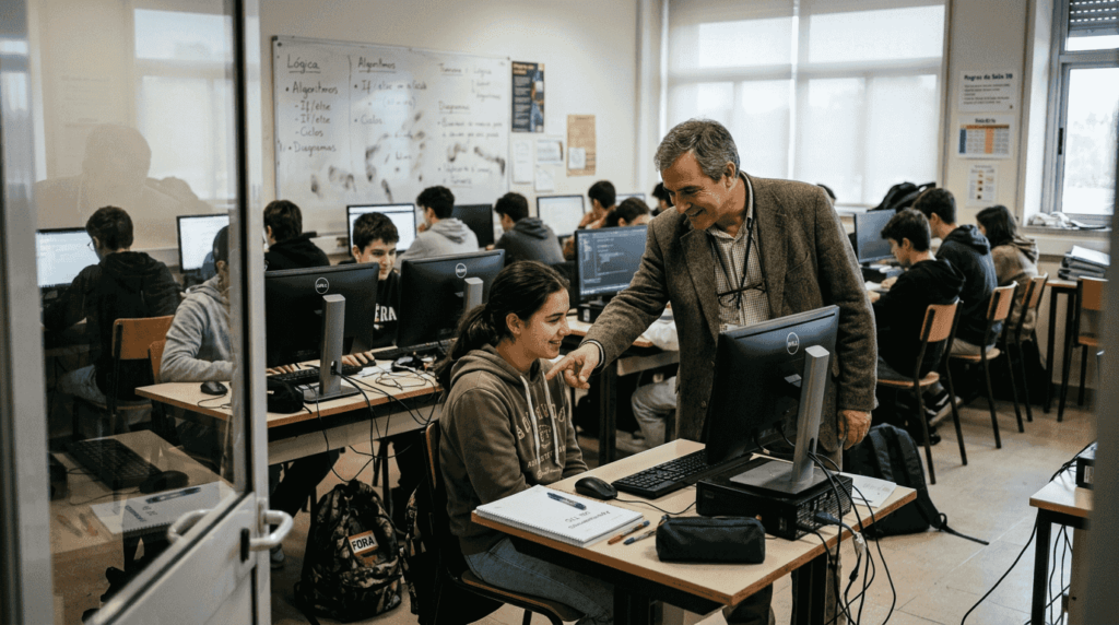 Docente a apoiar e orientar estudantes numa sala de aula virtual