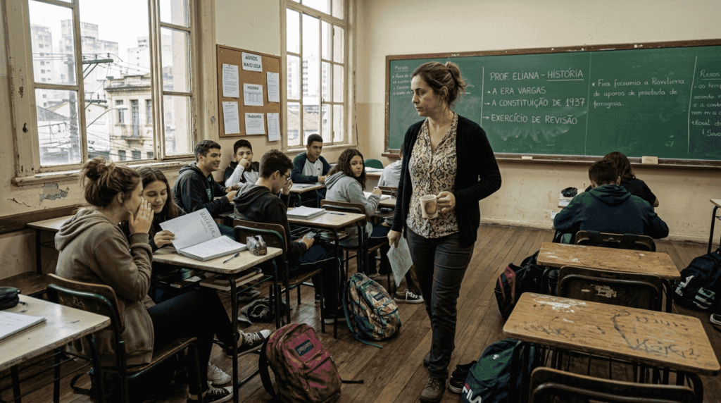 Professora circulando pela sala de aula em uma escola da cidade