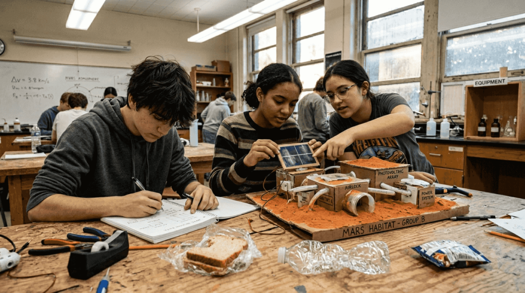 Teens building Mars habitat model together